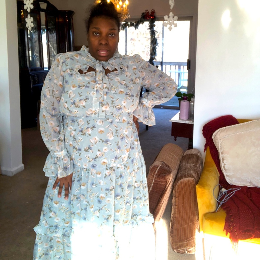 Floor length light blue floral high neck long sleeve dress